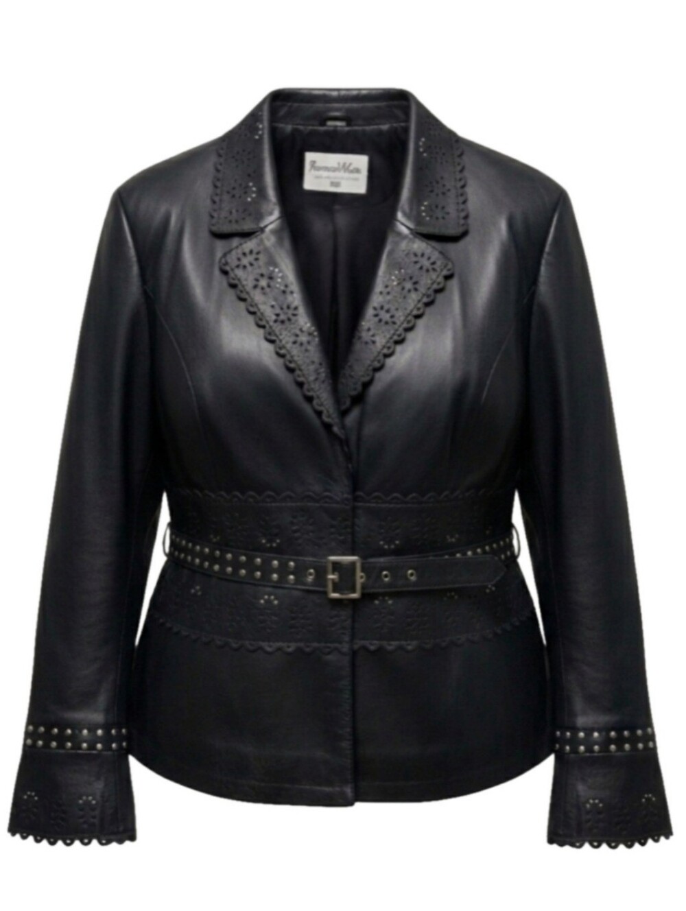 Pam McCoy Large Black Leather Jacket With laser Cut Detail, Studs & Buckles